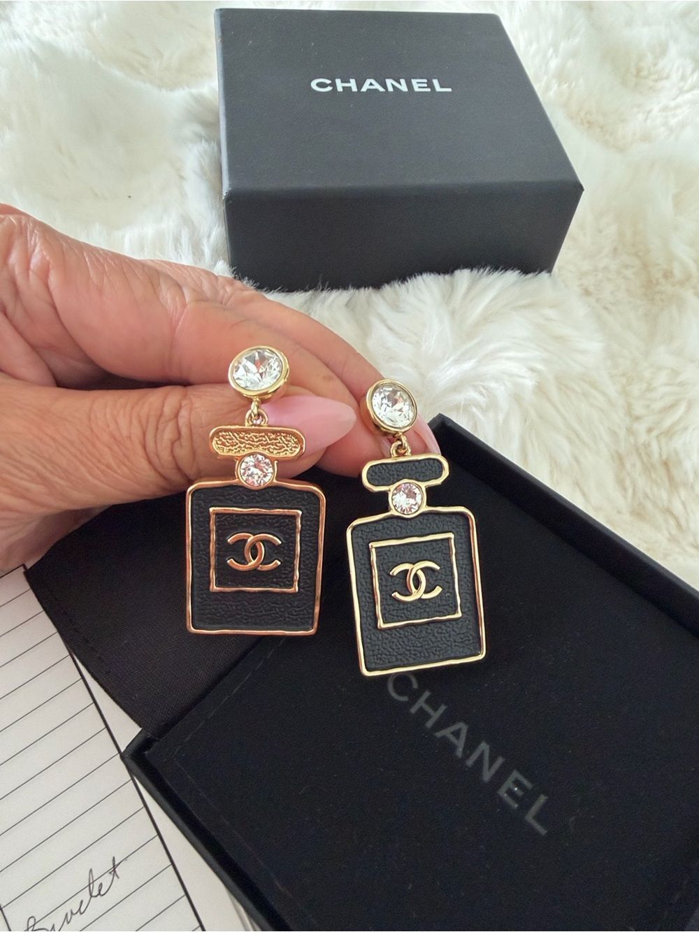 CHANEL Black & Gold Perfume Bottle Drop Earrings with Crystal Accents